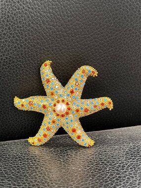 Stunning Gold Starfish Brooch | Elegant Pearl & Zirconia Beach Jewelry